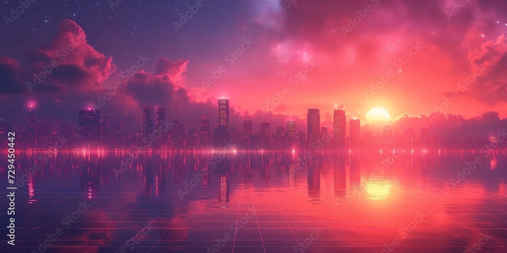 A dynamic urban skyline at night with glowing skyscrapers, a futuristic cityscape, and water reflections. A dynamic urban skyline at night with glowing skyscrapers, a futuristic cityscape, and water reflections.
