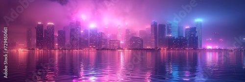 A mesmerizing night scene of skyline  featuring illuminated skyscrapers  a vibrant harbor  and reflections in the water.