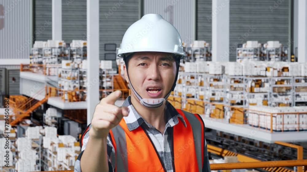 Close Up Of Asian Male Engineer With Safety Helmet Standing In The Warehouse With Shelves Full Of Delivery Goods. Being Angry, Pointing At You And Shouting In The Storage
Close Up Of Asian Male Engineer With Safety Helmet Standing In The Warehouse With Shelves Full Of Delivery Goods. Being Angry, Pointing At You And Shouting In The Storage