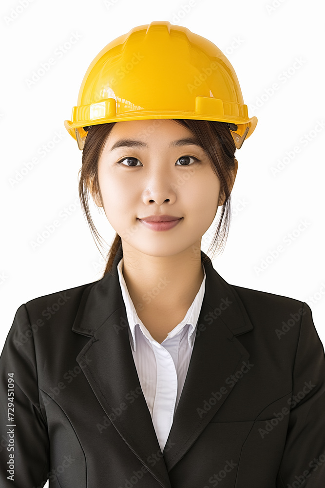 Young woman engineer of asian construction company, female engineer in black suit and yellow hard hat in front of white background Young woman engineer of asian construction company, female engineer in black suit and yellow hard hat in front of white background