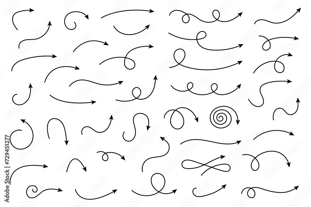 Collection hand drawn arrows. Set simple curved arrows isolated on white background. Collection of pointers. Vector illustration. - obrazy, fototapety, plakaty 