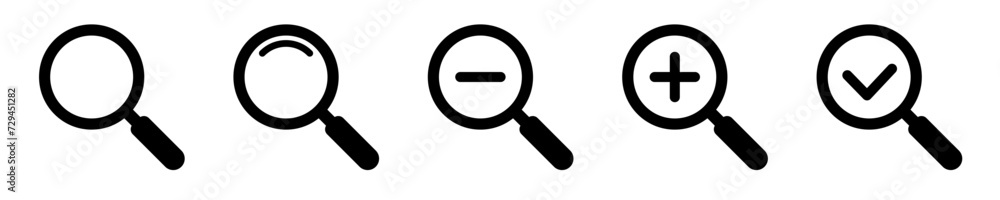 Magnifying glass simple icon collection. Search icon set, zoom in and zoom out icons. Magnifier or loupe with check mark sign. Vector illustration. Magnifying glass simple icon collection. Search icon set, zoom in and zoom out icons. Magnifier or loupe with check mark sign. Vector illustration.