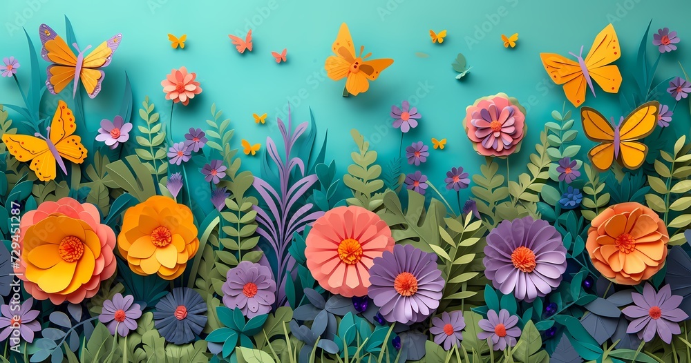 A whimsical garden comes to life with delicate paper flowers and vibrant orange butterflies fluttering on a serene blue backdrop A whimsical garden comes to life with delicate paper flowers and vibrant orange butterflies fluttering on a serene blue backdrop