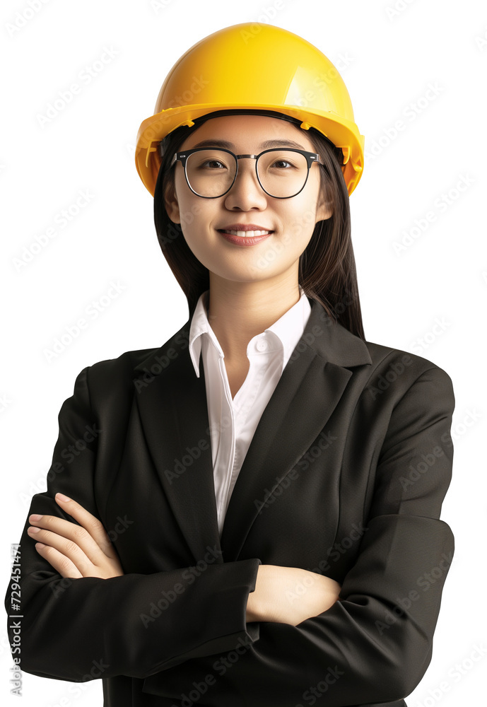 Isolated young woman engineer of asian construction company, female engineer in black suit and yellow hard hat in front of white background Isolated young woman engineer of asian construction company, female engineer in black suit and yellow hard hat in front of white background
