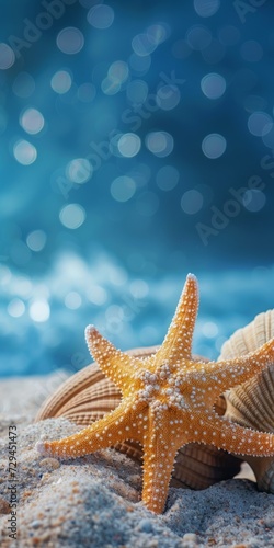 Summer concept with seashells  starfish on the sea coast. 