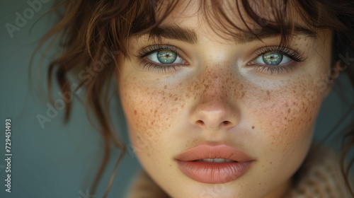 Radiant Beauty: Close-Up Portrait of an Alluring Woman with Flawless Skin and Captivating Gaze