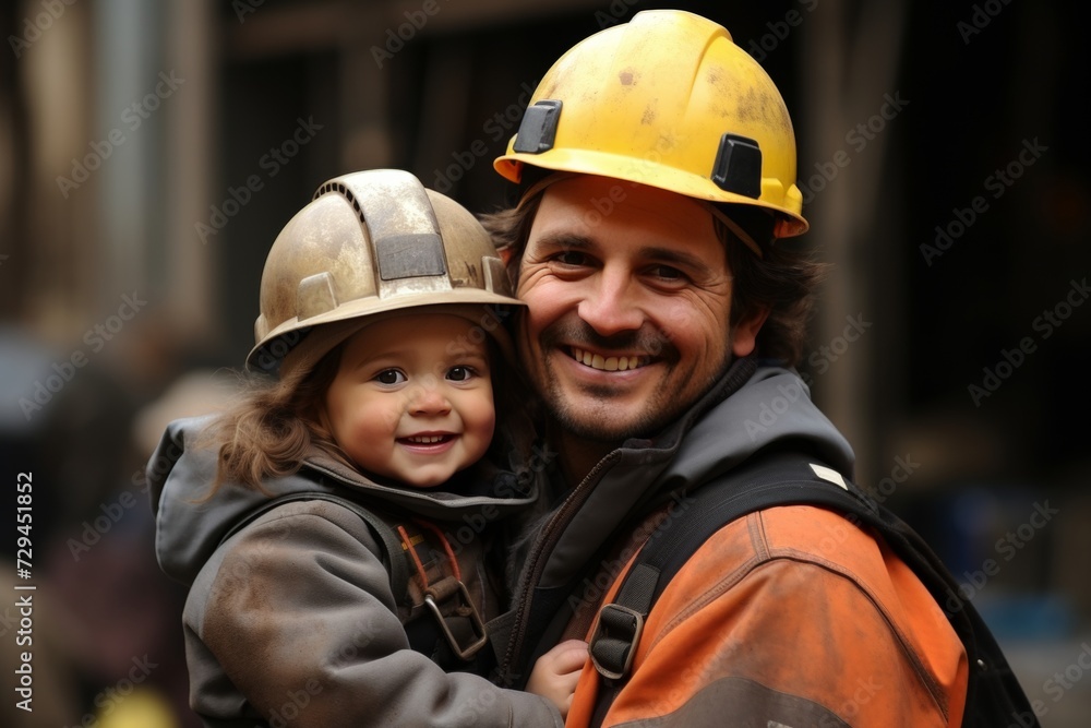 Father and little son in yellow helmets and overalls, two builders, close-up portrait Father and little son in yellow helmets and overalls, two builders, close-up portrait