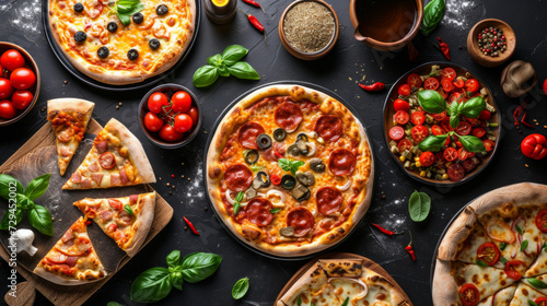 different pizza set for menu on the wooden table. Italian food traditional cuisine. Pizzas with salami, seafood, ham, bacon and olives, chicken and mushrooms and vegetarian, top view