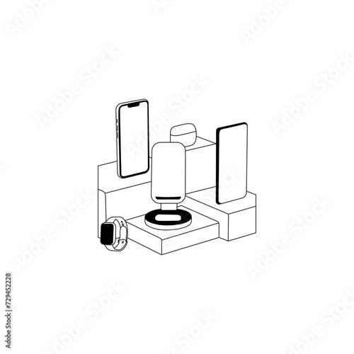Wireless vector illustration, line art vector. Desktop phone stand wireless charger icon. Magnetic Wireless Charger. Wireless Silhouette. Flat vector collection isolated on white background. EPS 10.