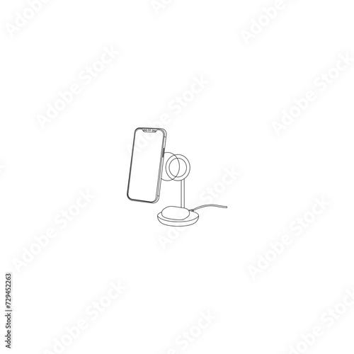 Wireless vector illustration, line art vector. Desktop phone stand wireless charger icon. Magnetic Wireless Charger. Wireless Silhouette. Flat vector collection isolated on white background. EPS 10.