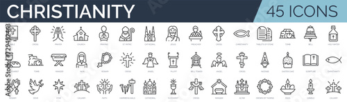 Set of 45 outline icons related to christianity. Linear icon collection. Editable stroke. Vector illustration