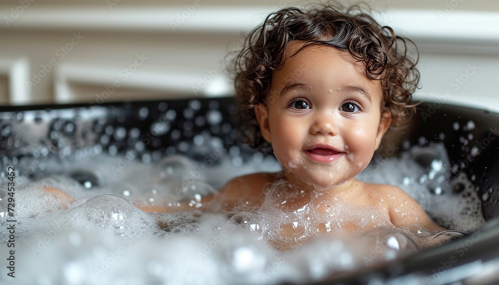 Cute little baby sitting in white bathtub with foam and soap bubbles. Taking bath and playing with toys. Baby hygiene. copy space Newborn child Cute little baby sitting in white bathtub with foam and soap bubbles. Taking bath and playing with toys. Baby hygiene. copy space Newborn child