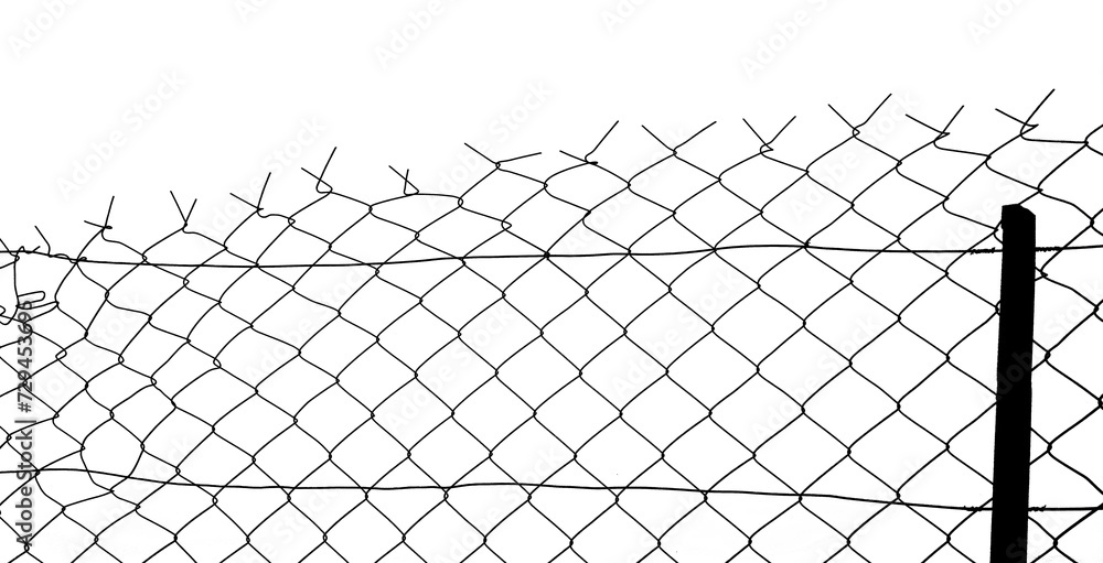 black silhouette of Chain link fence. Metal Wire Fence. Wire grid construction. High net fence with barbed wire, concrete pole, beam isolated on white background. illustration. black silhouette of Chain link fence. Metal Wire Fence. Wire grid construction. High net fence with barbed wire, concrete pole, beam isolated on white background. illustration.