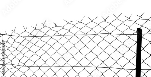 black silhouette of Chain link fence. Metal Wire Fence. Wire grid construction. High net fence with barbed wire, concrete pole, beam isolated on white background. illustration.