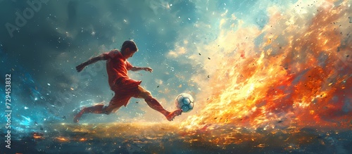 A passionate athlete unleashes his power as he kicks the ball with precision and determination