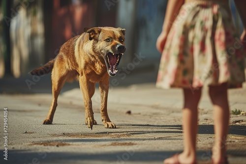 Little girl in a floral dress standing in front of a barking dog on the street