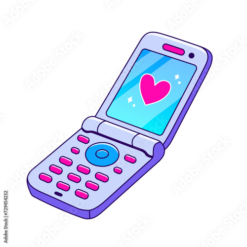 90s Valentines day card in flat style, line style. Hand drawn flip phone vector illustration. Patch, badge, emblem.