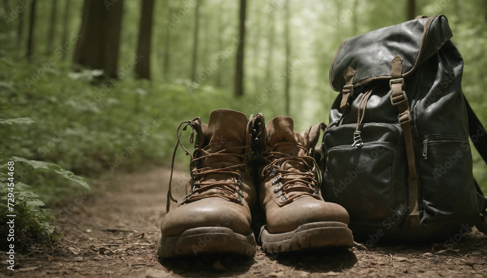 Pair of brown leather boots and leather backpack on forest, Pair of brown leather boots and leather backpack on forest,