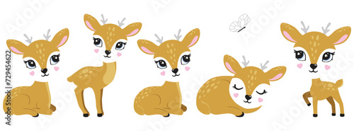 Illustration of cute deer, fawn. Baby, child, cute portrait. Little face, little animal, pet. Brown character, colorful graphic. Stickers, wall art, kids room decoration, cutie full face, small fawn