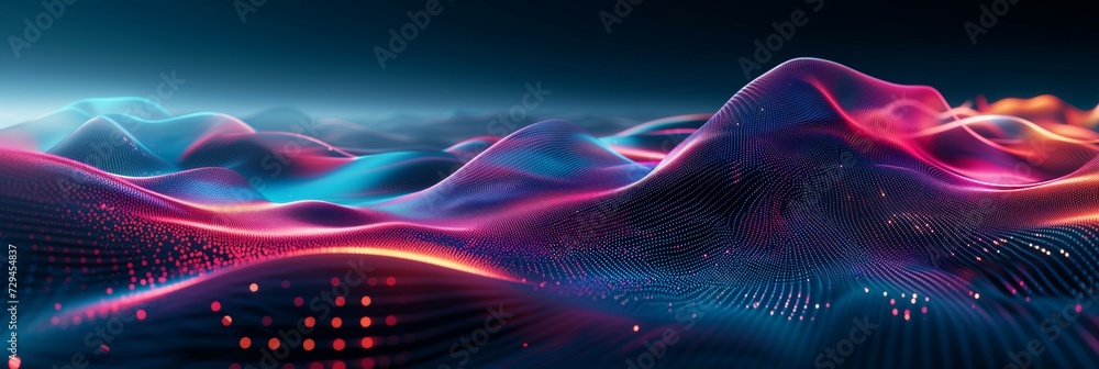 Synthetic Waves: Abstract Neon Landscape of Digital Particles Flowing, Ideal for Representing Data, Virtual Reality, and Futuristic Concepts