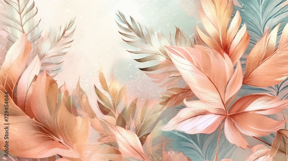Abstract luxurious art background with exotic leaves in watercolor style with elements of a golden artistic line in pastel colors of peach red Botanical banner with tropical plants for wallpaper desig