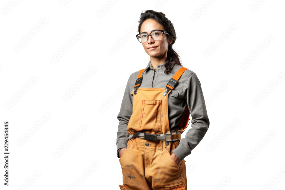 Confident female worker in overalls with a hands-on-hips pose against transparent background