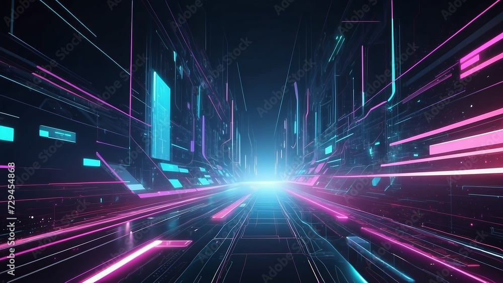 Abstract technology background, wide banner of futuristic digital space with data and neon light. Perspective of cyberspace or virtual reality. Concept of tech, future, network, metaverse