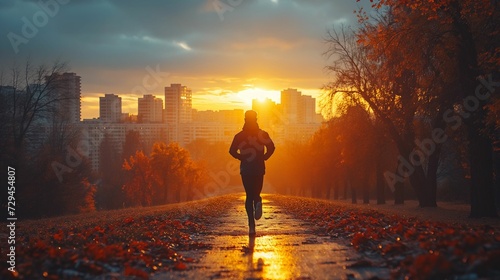An athlete training at sunrise, displaying determination and a healthy lifestyle, with an urban backdrop  © Tessa