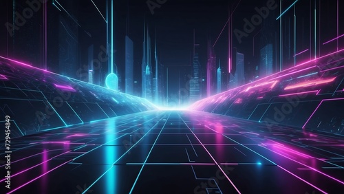 Abstract technology background, wide banner of futuristic digital space with data and neon light. Perspective of cyberspace or virtual reality. Concept of tech, future, network, metaverse