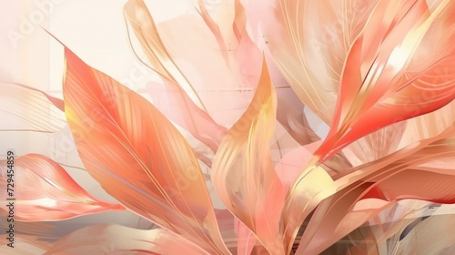 Abstract luxurious art background with exotic leaves in watercolor style with elements of a golden artistic line in pastel colors of peach red Botanical banner with tropical plants for wallpaper desig photo