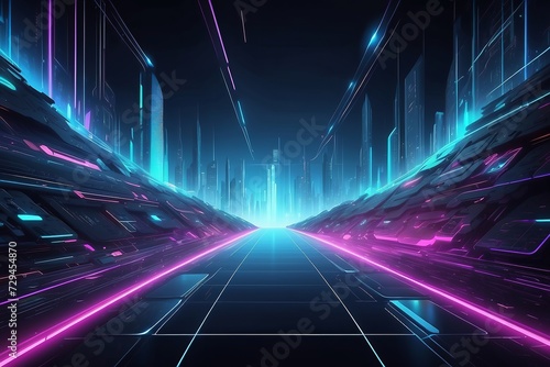 Abstract technology background, wide banner of futuristic digital space with data and neon light. Perspective of cyberspace or virtual reality. Concept of tech, future, network, metaverse