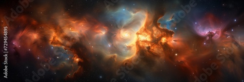 Cosmic Majesty: Breathtaking Panoramic View of a Nebula's Heart, a Vibrant Illustration of the Universe's Wonders