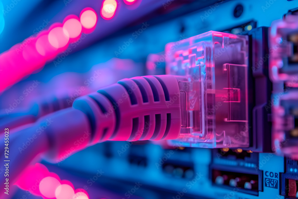 Close up of network ethernet cables plugged into switch for high speed internet connection