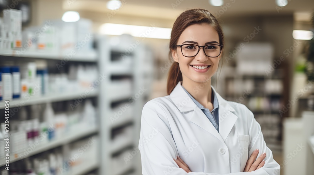 Young woman pharmacist on blurred pharmacy background.  Good for advertising. Health care concept