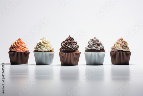 Assorted cupcakes with creamy frosting on a white background