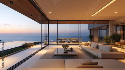 A coastal residence with a minimalist design, featuring sliding glass doors that open to panoramic views of the ocean. 