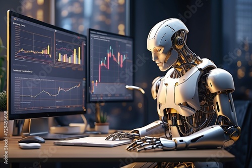 illustrations of data science in finance industry. AI robot assisting human for financial analysis
 photo