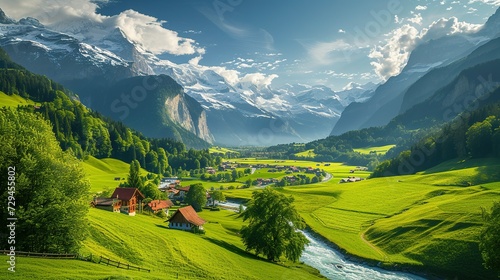 Beautiful Alps landscape with village, green fields, mountain river at sunny day. Swiss mountains at the background © Jennifer