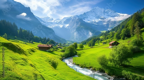 Beautiful Alps landscape with village, green fields, mountain river at sunny day. Swiss mountains at the background photo