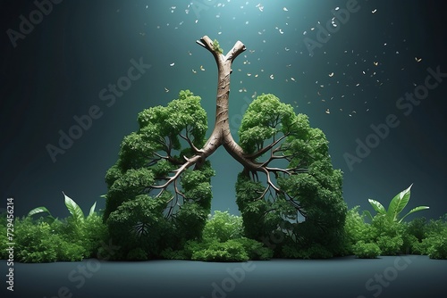 On white background, a lung made of minimal trees filled with green leaves, a sensation of breath and relief. technological, brilliant, majestic. Surrealism, orthography, ultra wide field of view.