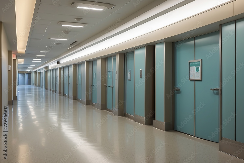 Empty modern hospital corridor background. Clinic hallway interior. Soothing ambiance in modern hospital corridor. Healthcare and medical center background. Contemporary corridor design.