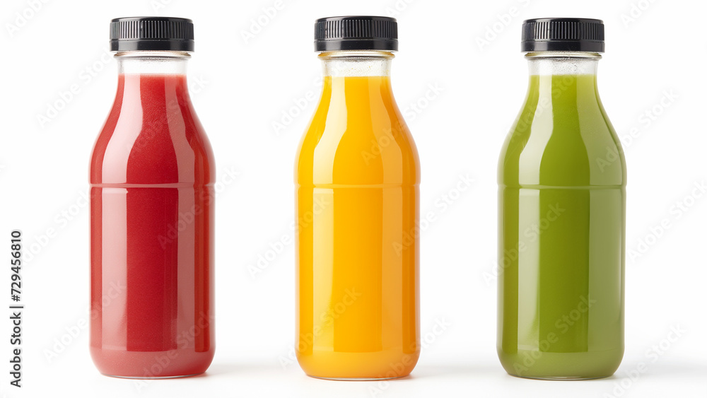 Bottles with delicious detox smoothies on white background. Juice in a glass bottle for new design. Three bottles of natural vegetable or fruit juices with black caps without labels isolated. Bottles with delicious detox smoothies on white background. Juice in a glass bottle for new design. Three bottles of natural vegetable or fruit juices with black caps without labels isolated.