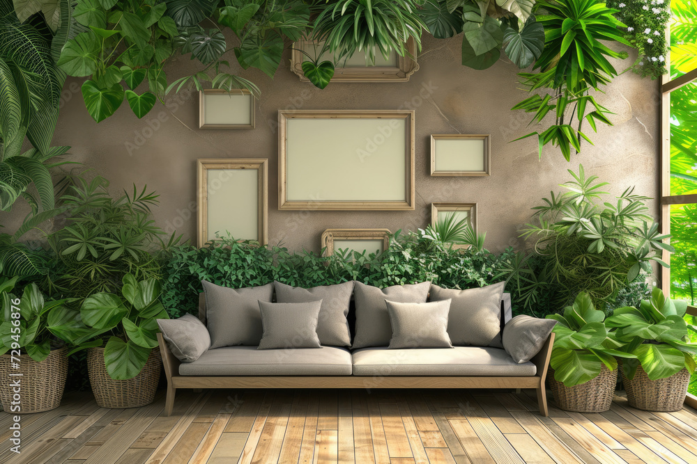 modern creative living room interior design backdrop ideas concept house beautiful background elevation of sofa with decorative photo paint frame full wall background, many tropical plants