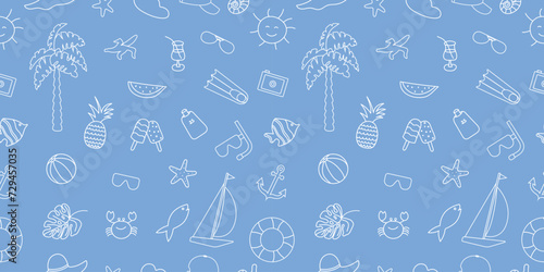 Summer seamless pattern, hand-drawn in doodles. Suitable for printing, textiles, backgrounds, wallpaper, wrapping paper, packaging. Blue background. Vector illustration photo