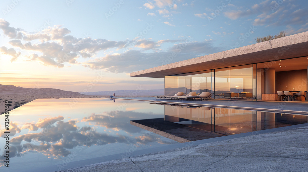 A desert dwelling with a mirrored exterior, reflecting the vast expanse of sand and sky, creating a mirage-like effect. 