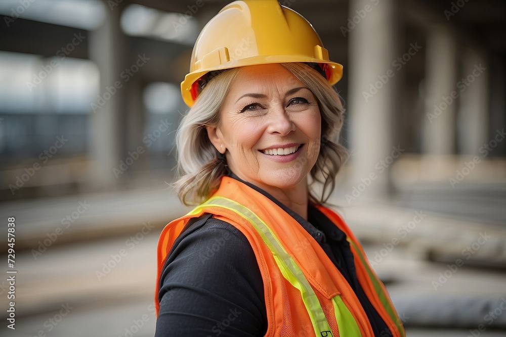 Smiling woman construction worker wearing a hardhat in an industrial setting Smiling woman construction worker wearing a hardhat in an industrial setting