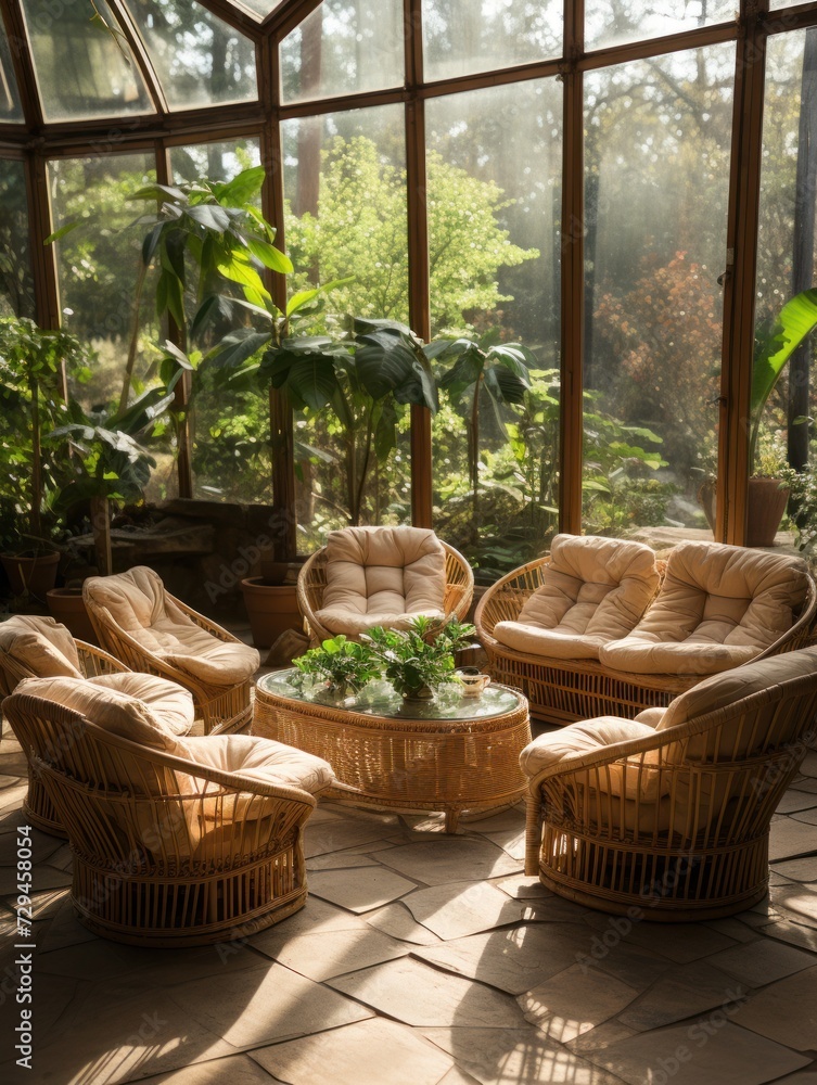 Sunlit conservatory with plush wicker furniture and lush greenery