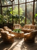 Sunlit conservatory with plush wicker furniture and lush greenery
