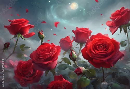 AI generated illustration of a breathtaking night sky adorned with blooming roses, twinkling stars