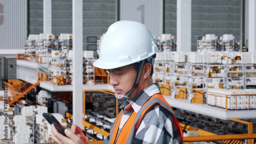 Close Up Side View Of Asian Male Engineer With Safety Helmet Using Smartphone While Standing In The Warehouse With Shelves Full Of Delivery Goods
Close Up Side View Of Asian Male Engineer With Safety Helmet Using Smartphone While Standing In The Warehouse With Shelves Full Of Delivery Goods